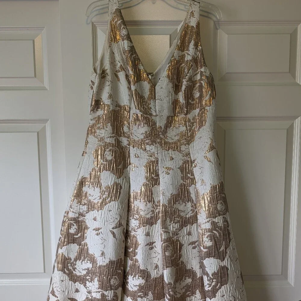 Aidan Mattox Cream Gold V-Neck A-Line Dress - Picture 1 of 4